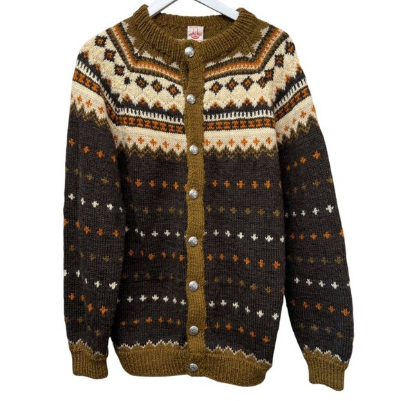 Denmark 100% Pure Wool Sweater L/XL Nordi Cardigan Brown Vtg CJ Viking Fair Isle - Picture 1 of 11